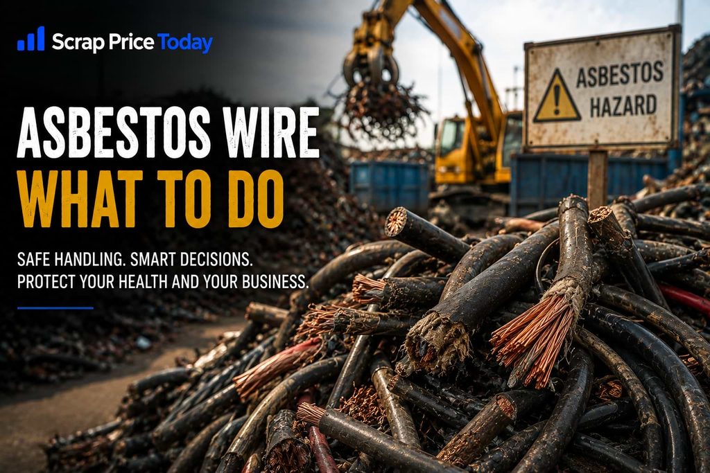 Asbestos wire in a scrap yard with exposed copper cables and asbestos hazard warning