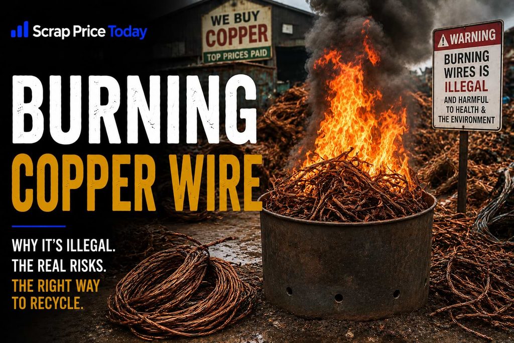 Burning copper wire in a scrap yard with fire and smoke