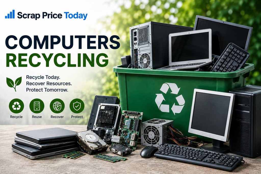 Old computers, laptops, monitors, and computer parts ready for recycling