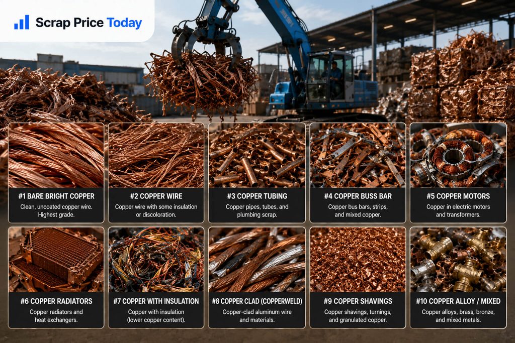 Copper scrap grades including bare bright copper wire, copper tubing, bus bars, motors, radiators and insulated copper