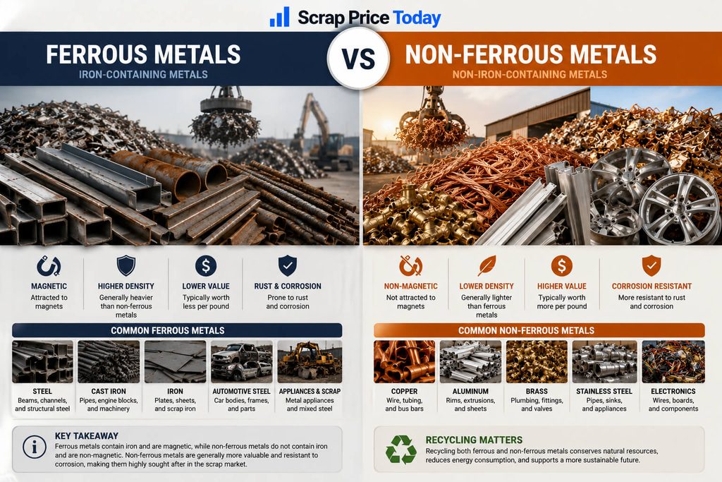 Ferrous vs non-ferrous metals comparison showing steel iron copper aluminum brass and stainless steel
