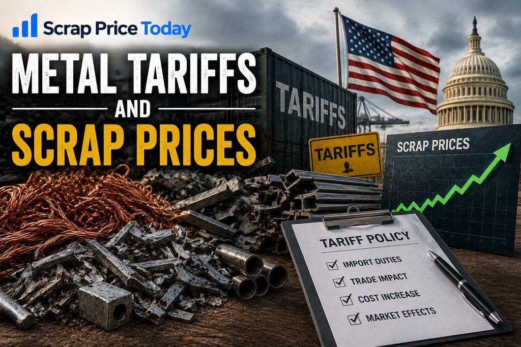 Metal tariffs and scrap prices with U.S. flag, shipping containers, and scrap metal
