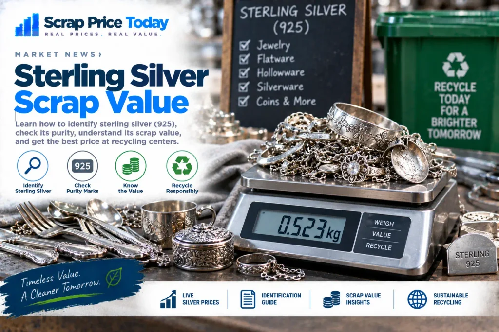 Sterling silver scrap value, 925 purity identification, and recycling information from Scrap Price Today.