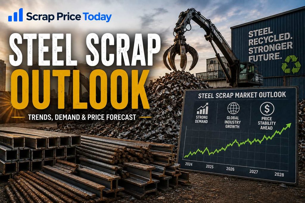 Steel scrap outlook with recycling yard, scrap metal, and market trend chart
