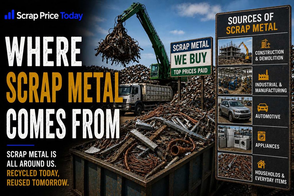 Where scrap metal comes from at construction sites, factories, vehicles, appliances, and homes