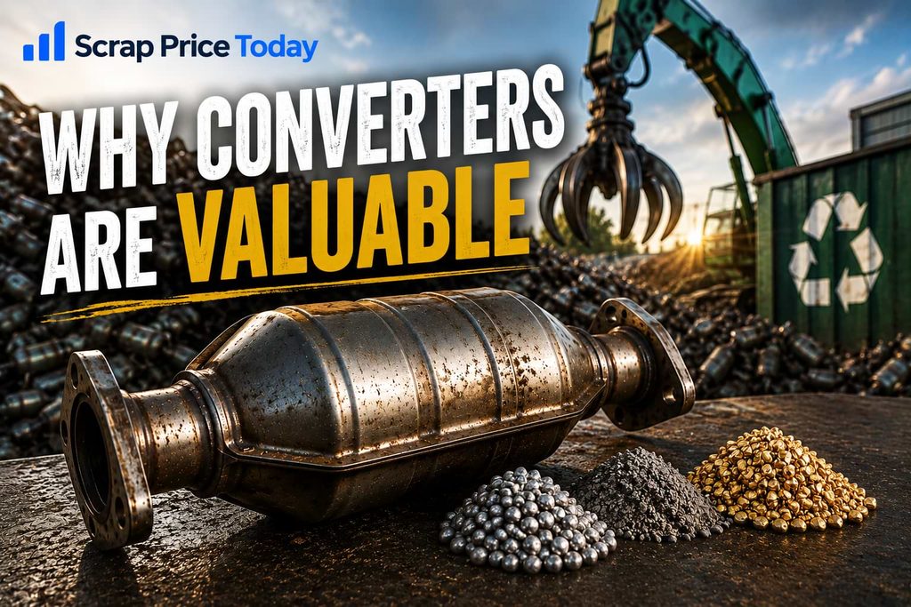 Catalytic converter surrounded by valuable metals in a scrap yard