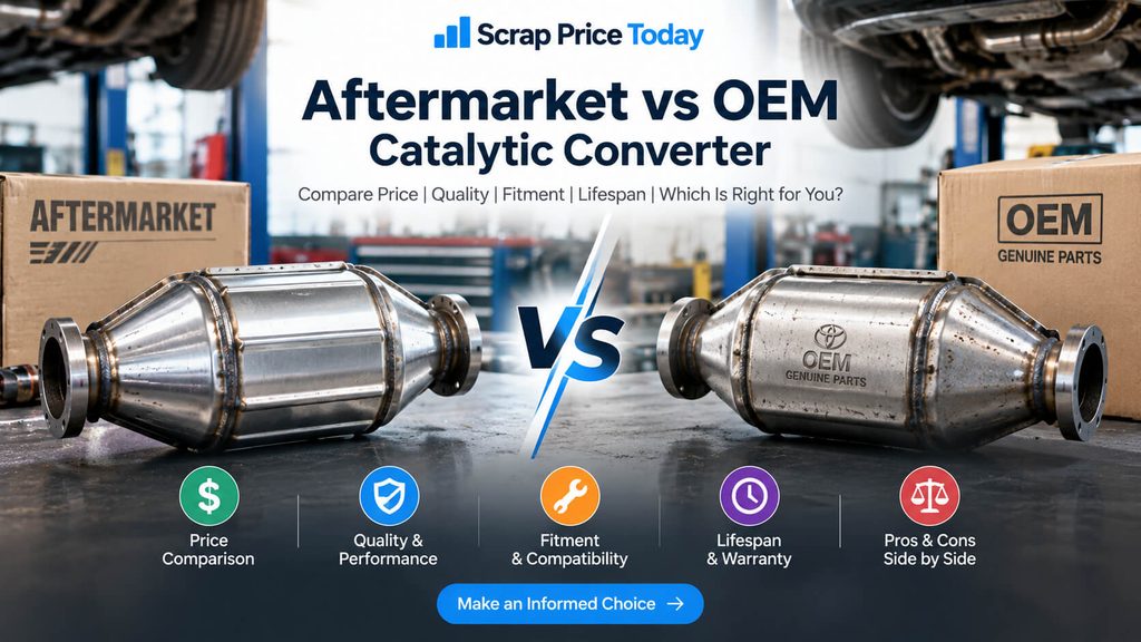 Aftermarket vs OEM catalytic converter comparison showing differences in price, quality, fitment, lifespan, and warranty