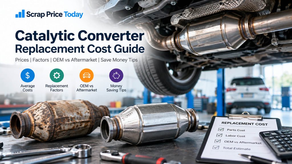 Catalytic converter replacement cost guide showing new and old converters in an auto repair workshop
