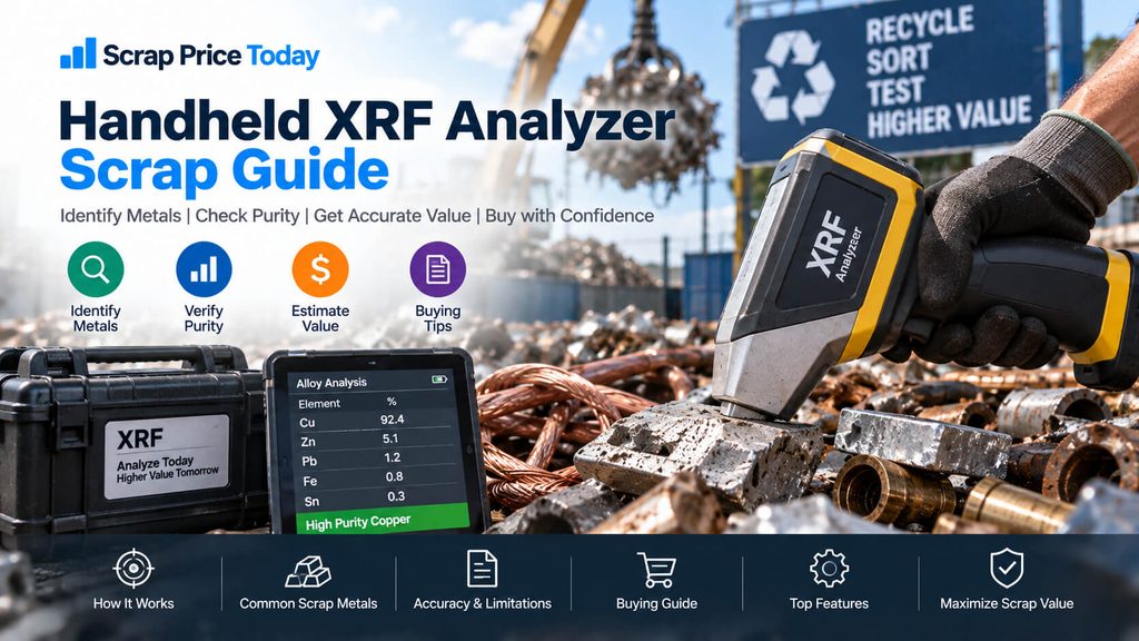 Handheld XRF analyzer testing scrap metal to identify metal composition and verify purity
