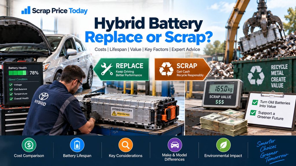 Hybrid battery replace or scrap comparison showing battery health, replacement costs, and scrap value