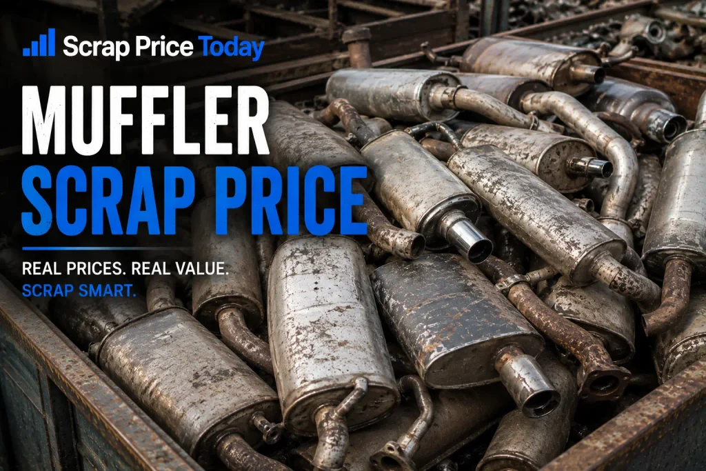 Used automotive mufflers and exhaust pipes prepared for scrap recycling