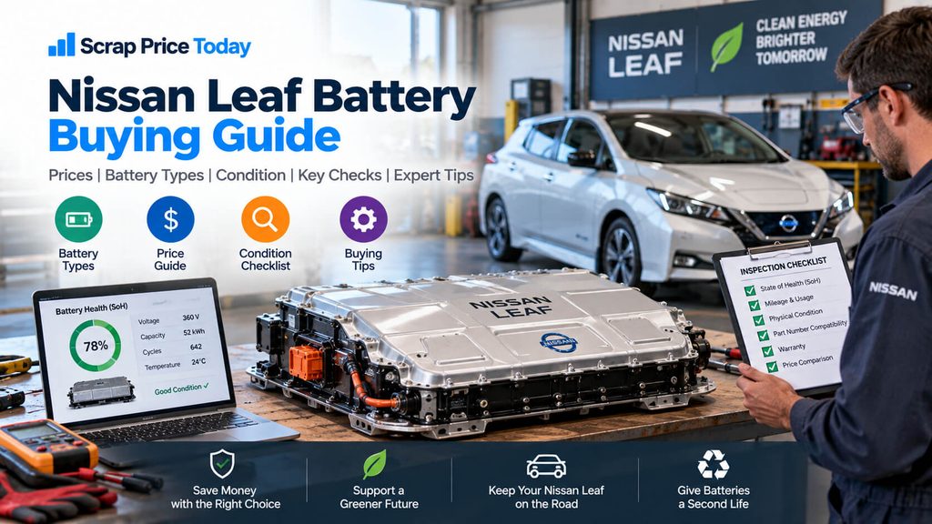 Nissan Leaf battery buying guide showing EV battery pack, health check, pricing, and inspection checklist