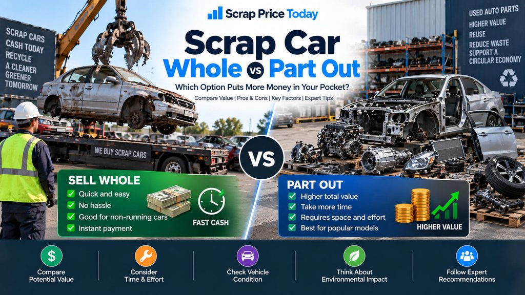 Scrap car whole vs part out comparison showing cash value, effort, vehicle condition, and used parts