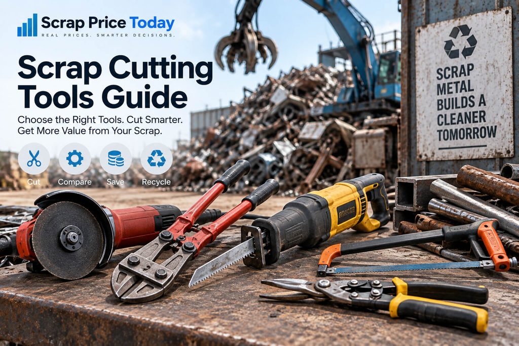 A realistic scrapyard workbench featuring an angle grinder, bolt cutters, reciprocating saw, hacksaw, and heavy-duty metal cutters, illustrating common tools used to cut and prepare scrap metal for recycling.