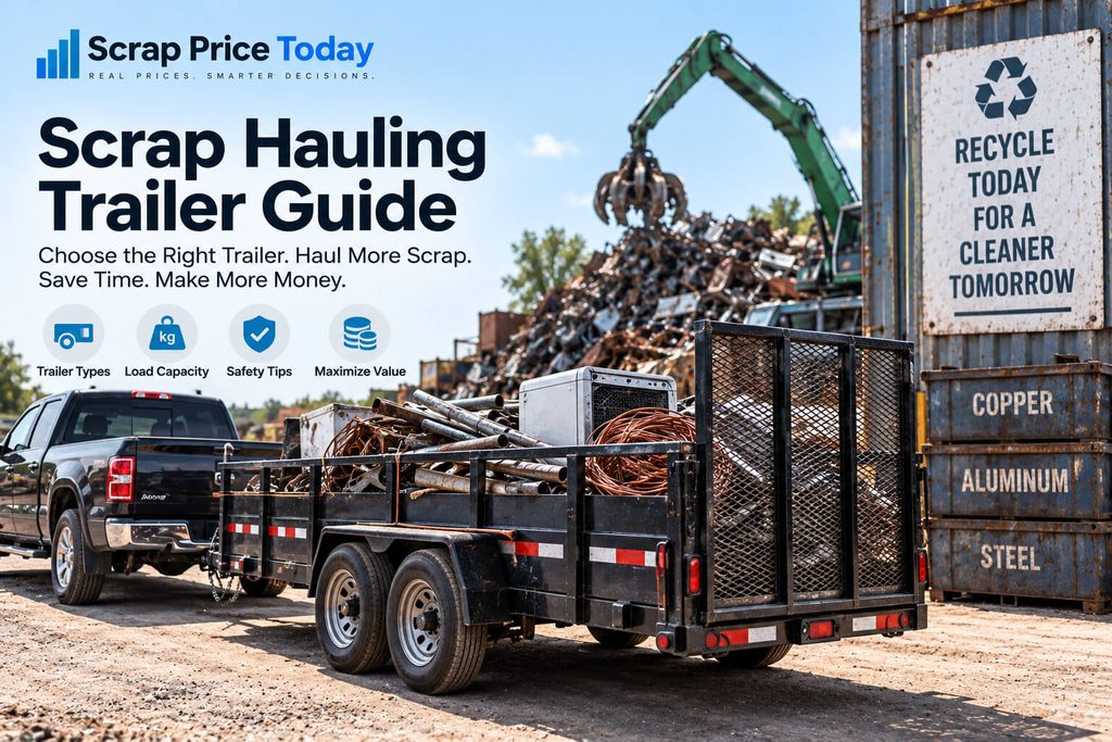 Scrap hauling trailer loaded with copper, aluminum, steel, pipes, and other scrap metal
