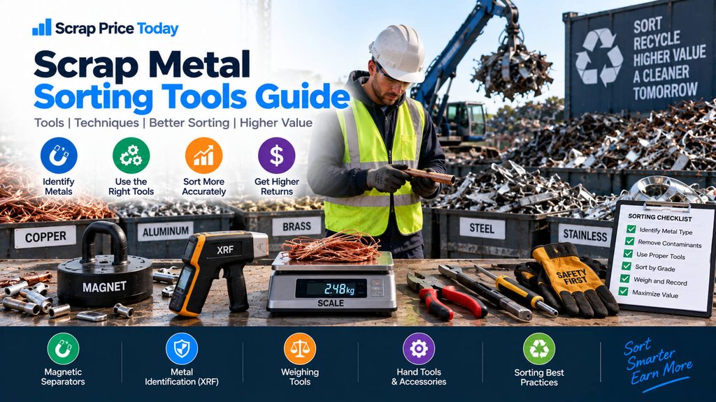 Scrap metal sorting tools guide showing magnet, XRF analyzer, scale, hand tools, and metal sorting bins