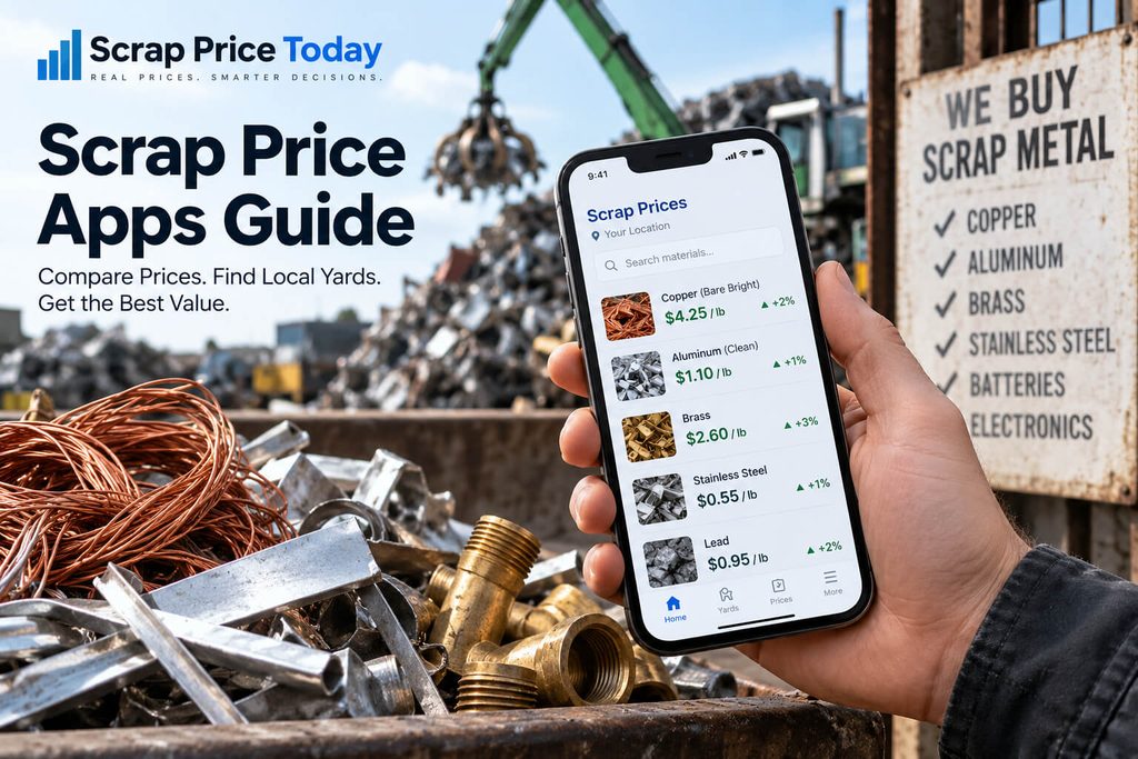 Scrap price apps guide showing a smartphone with scrap metal prices at a recycling yard