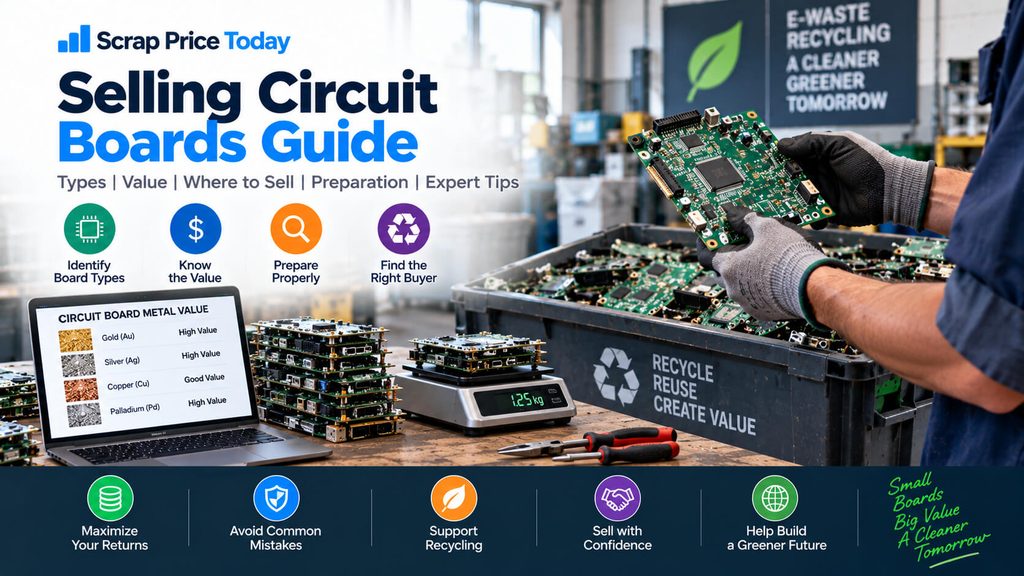 Selling circuit boards guide showing PCB types, metal value, preparation, and recycling