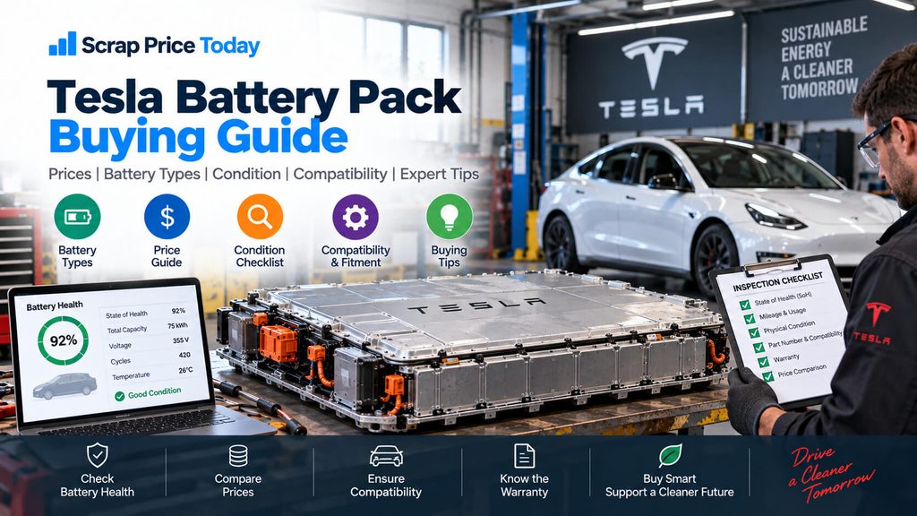 Tesla battery pack buying guide showing battery health, pricing, compatibility, and inspection checklist